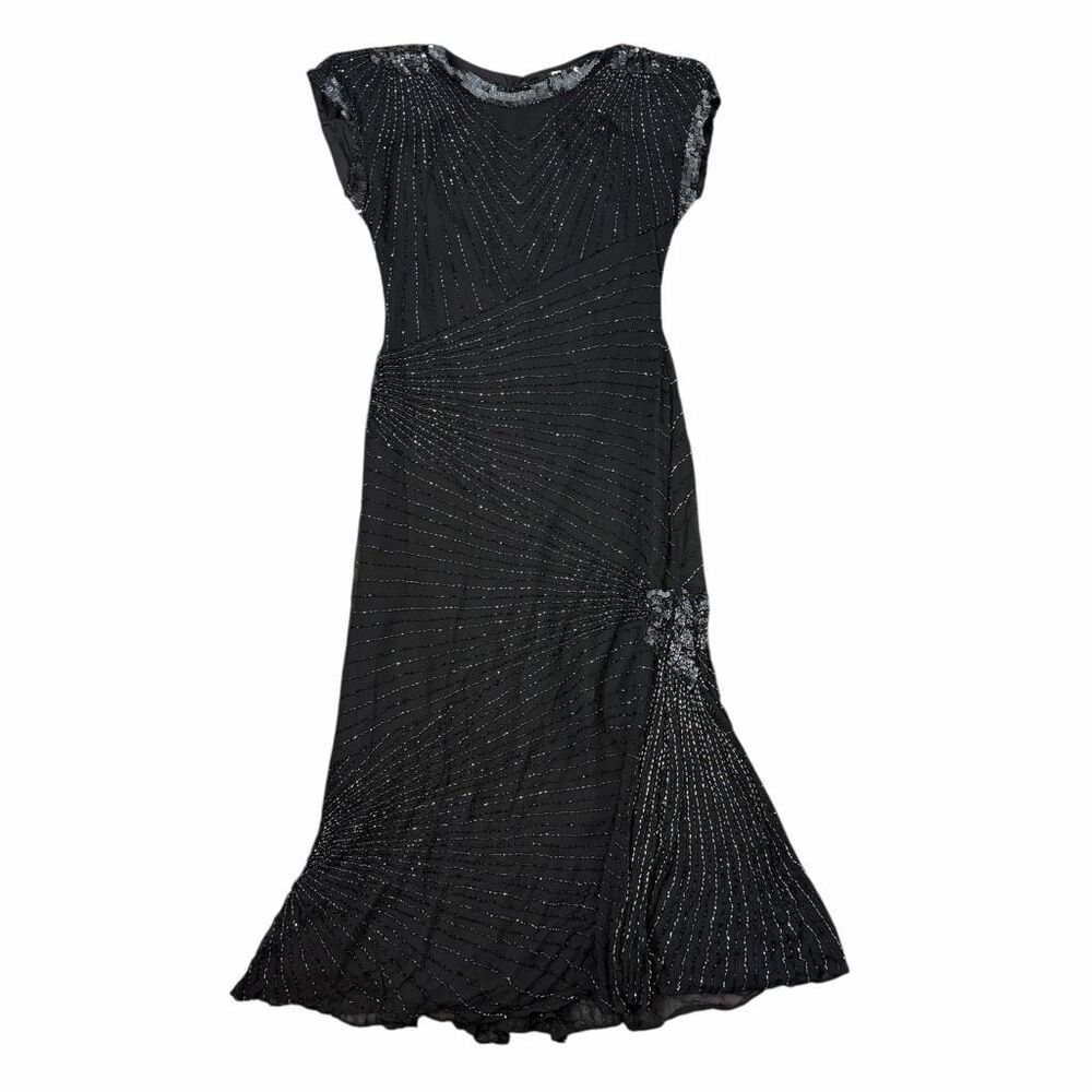 Vintage Oleg Cassini Midi Dress Sz 10 Black Silk Beaded Sequin Sheath Gown Maxi